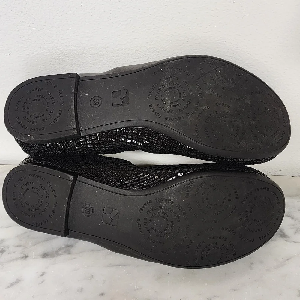 Revere Nairobi Shoes Black Metallic Ballet Leather Womens Size 8 Faux Snakeskin